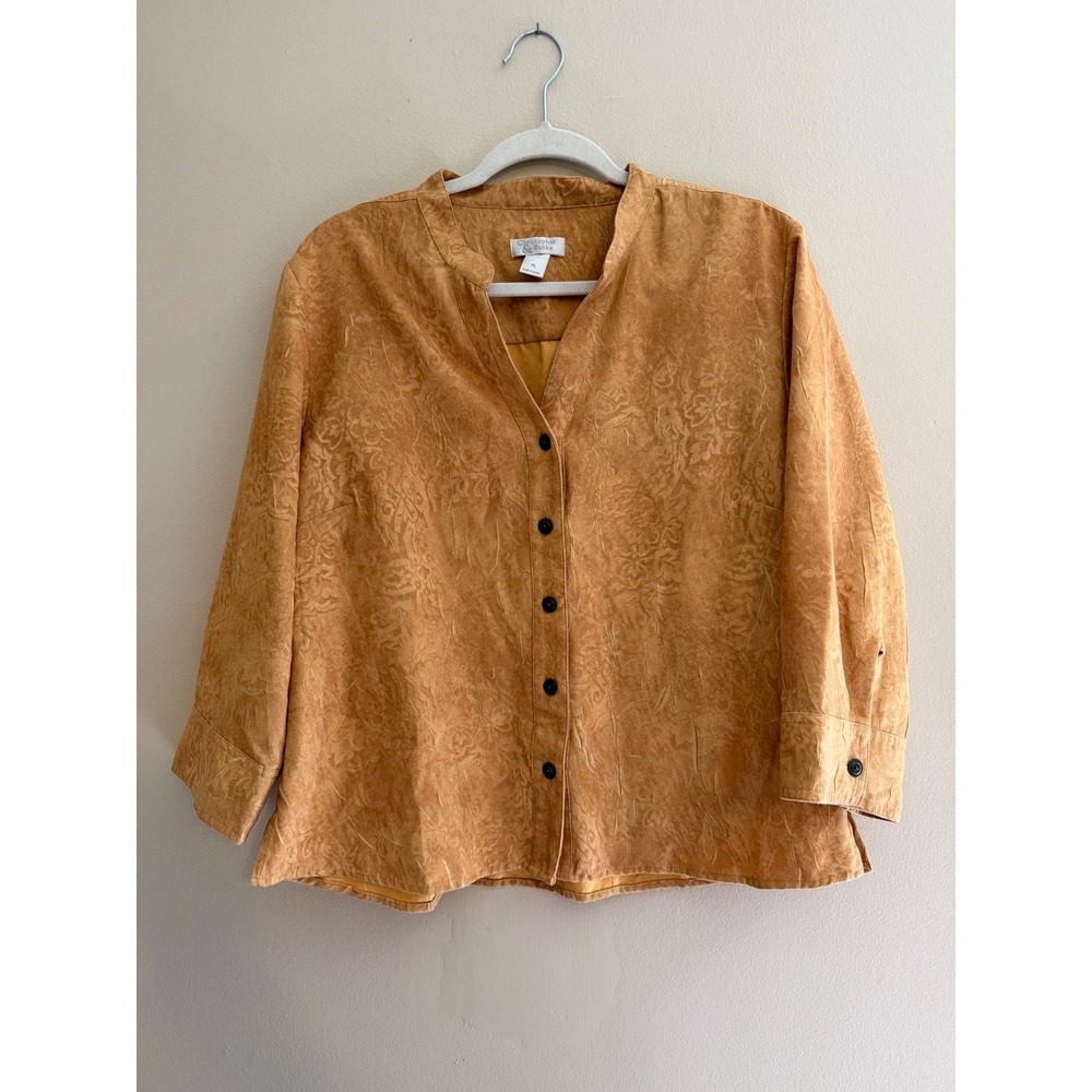 Christopher & Banks Womens XL Tan Faux Suede Embossed Floral Boho Fall Top